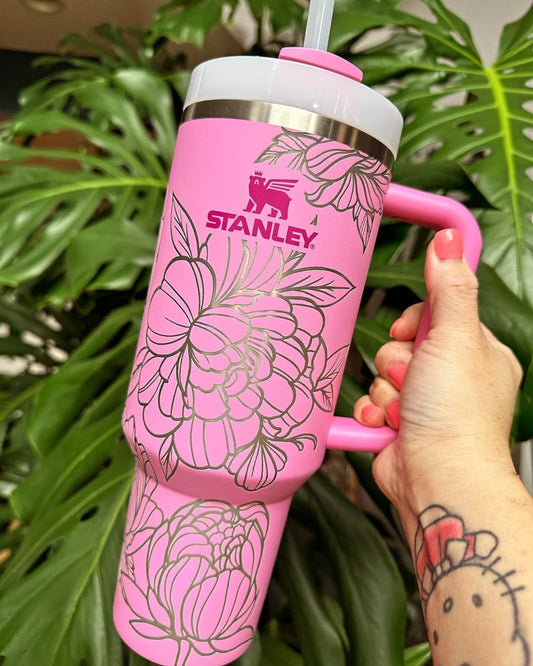 40oz Stanley Tumbler - Laser Engraved with Peonies in Peony or Antique Pink