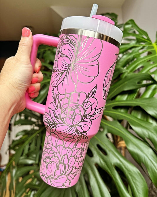 40oz Stanley Tumbler - Laser Engraved with Peonies in Peony or Antique Pink
